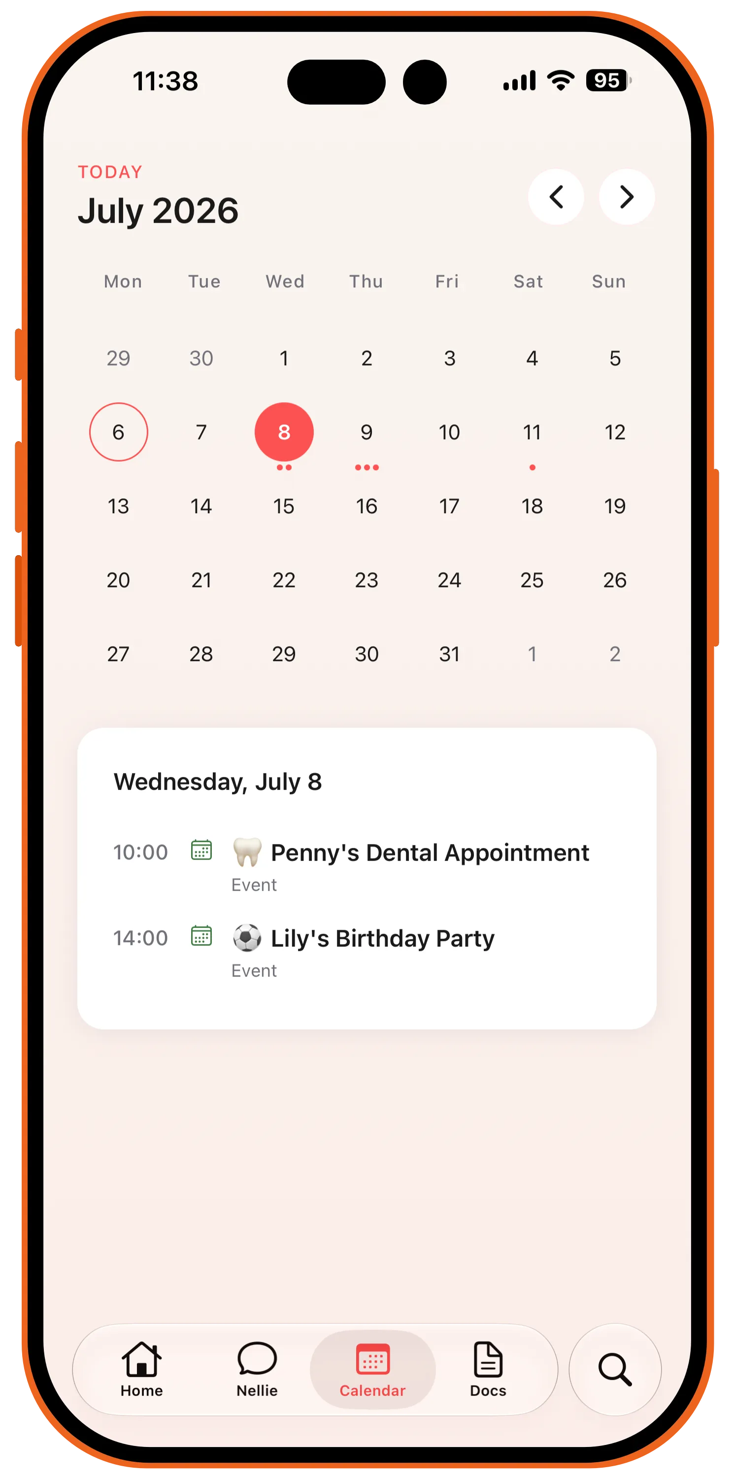 Hey Nellie family calendar showing a dental appointment and birthday party