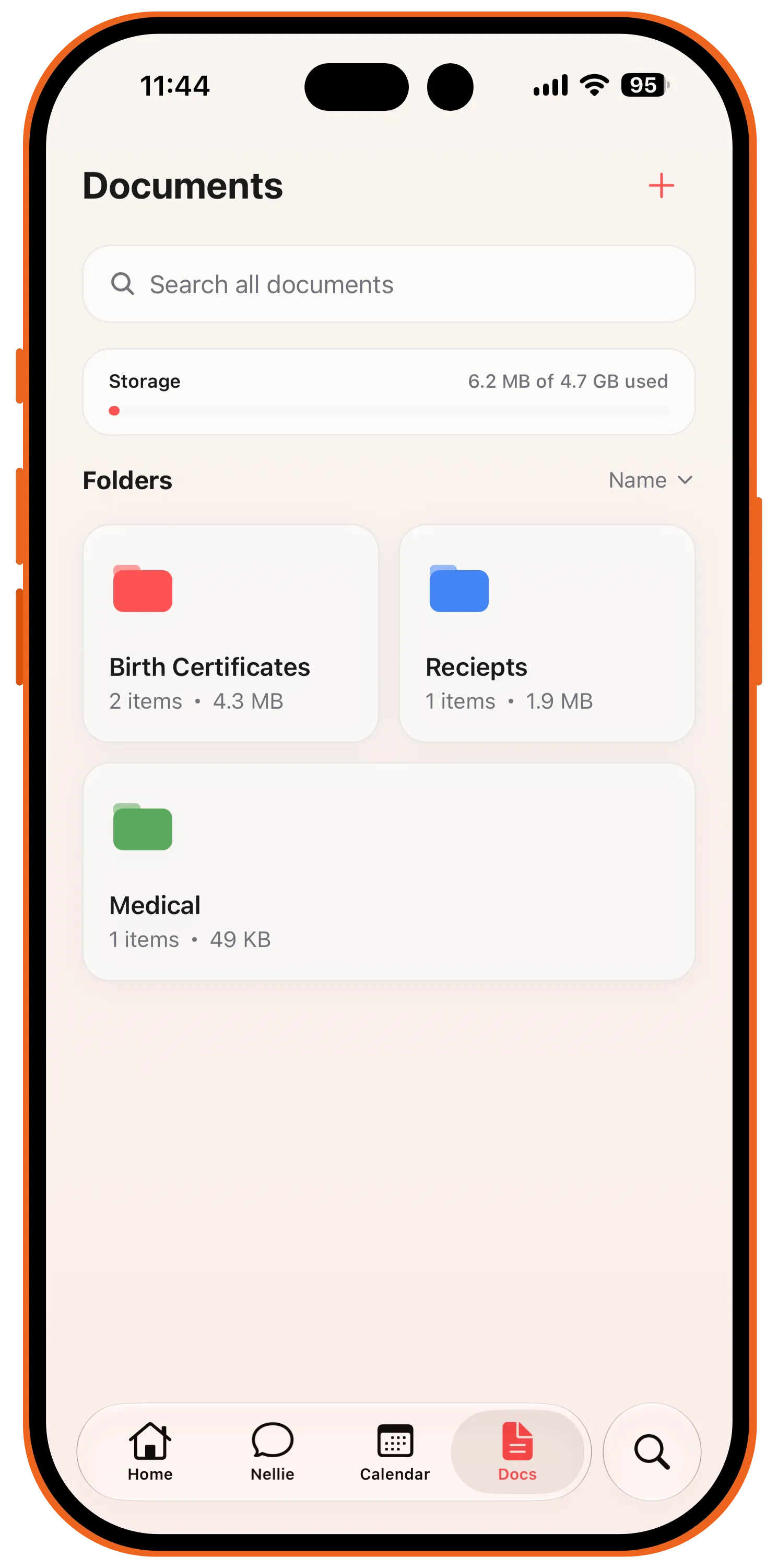 Hey Nellie documents screen organizing birth certificates, receipts, and medical records