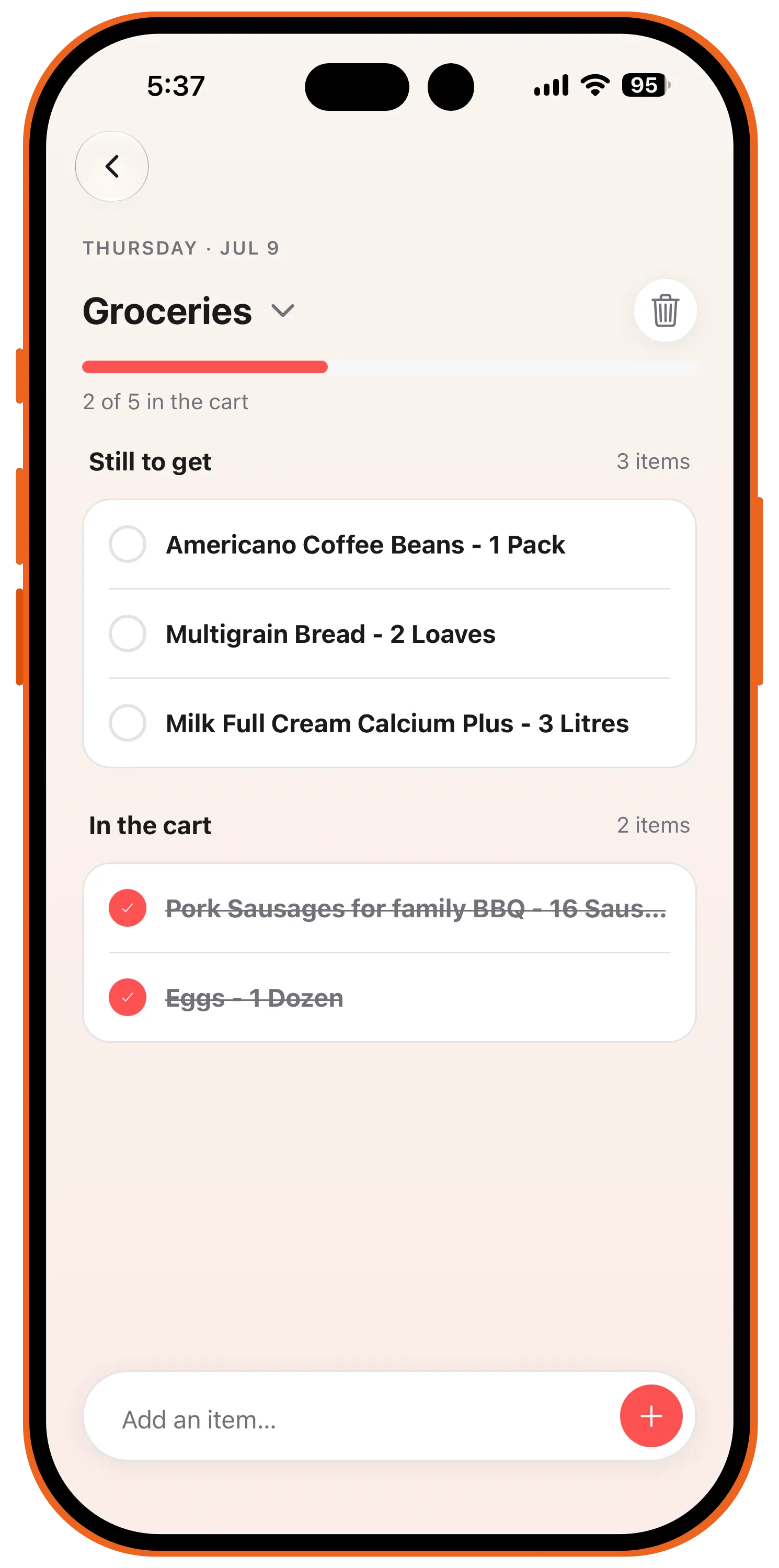 Hey Nellie grocery list showing household shopping items and completed purchases