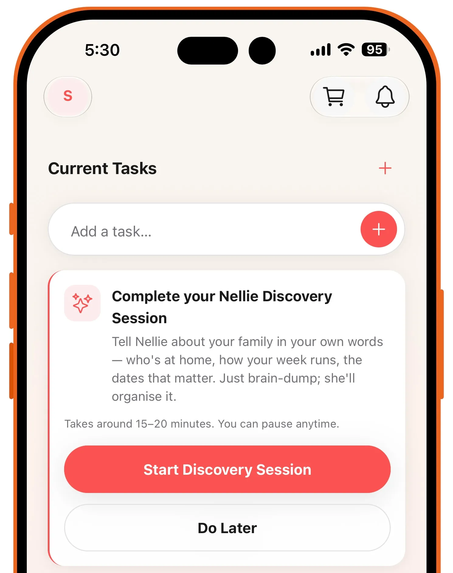 Hey Nellie home screen prompting a parent to begin the family discovery session